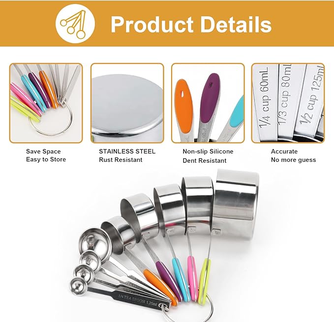 9-Piece Measuring Set, Stainless Steel Cups and Spoons with Handles,Large and small combinations with multiple sizes