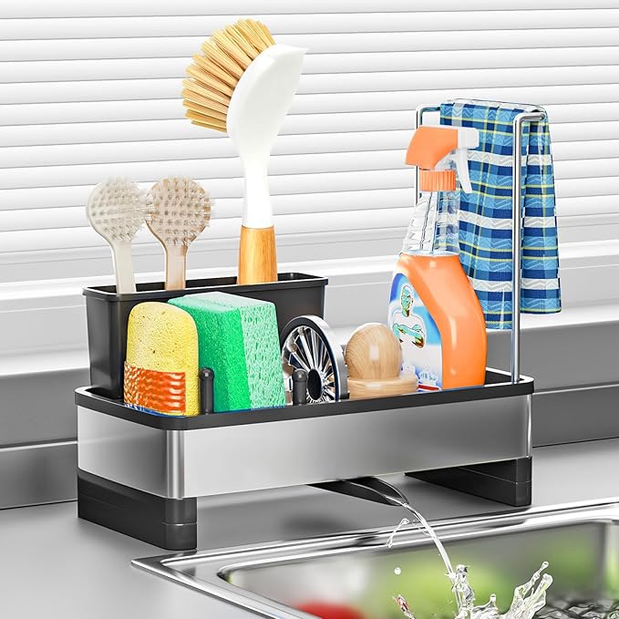 Sponge Holder for Kitchen Sink, Stainless Steel Sink Caddy with Brush Holder, Dishcloth Rack and Holds Soap Dispenser, Auto-Drain Rustproof Countertop Organizer (Black)