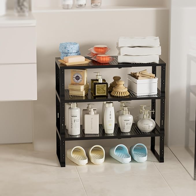Wobmmi Expandable Spice Rack,Stackable Storage for Cabinet, Multi-Functional Kitchen Shelving,Height-Adjustable,Sustainable Organizer Solution(1Pack/Black/Large)
