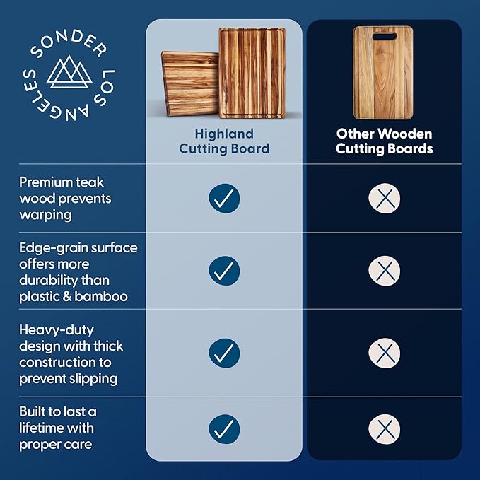 Sonder Los Angeles Highland Extra Large Cutting Board | Teak Edge Grain Cutting Board for Kitchen with Juice Groove | Perfect for Charcuterie | Gift Box Included | 23x17x1.5 in