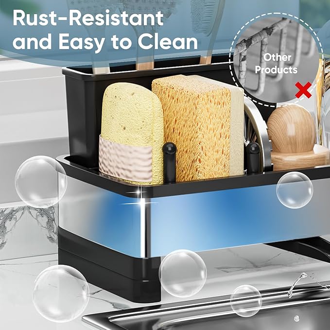 VUSIGN Sponge Holder for Kitchen Sink, Sink Caddy Organizer with Brush Holder, Rustproof Stainless, Self-Draining Sink Organizer for Countertop, Sponges, Brushes, Kitchen Decor and Accessories, Black