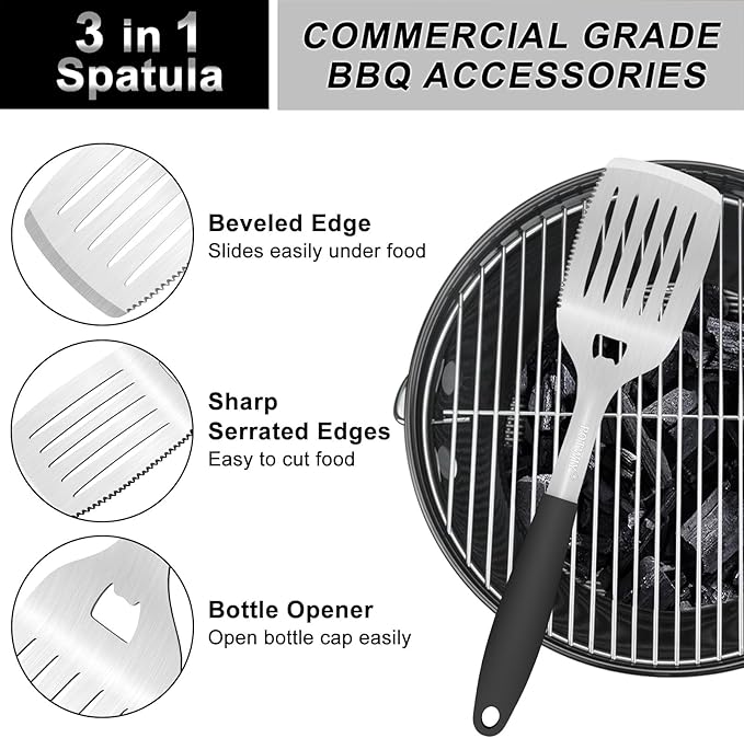 POTWIY BBQ Grilling Accessories, 3Pcs Stainless Steel Grill Tools Accessories Set with Spatula, Fork and Tongs, Barbecue Utensils Grilling Tools for Outdoor Camping, Heat-Resistant Silicone Handle