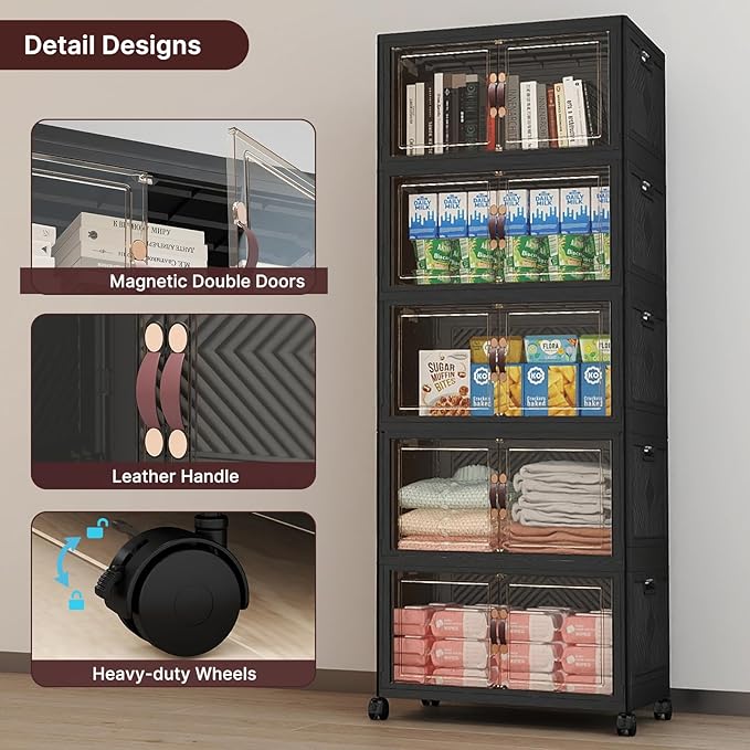 Extra Large Stackable Storage Bins with Lids & Wheels, 275QT-55QT/14GAL*5Pack Foldable Collapsible Closet Organizers Dark Storage Cabinet with Doors for Bedroom Dorm