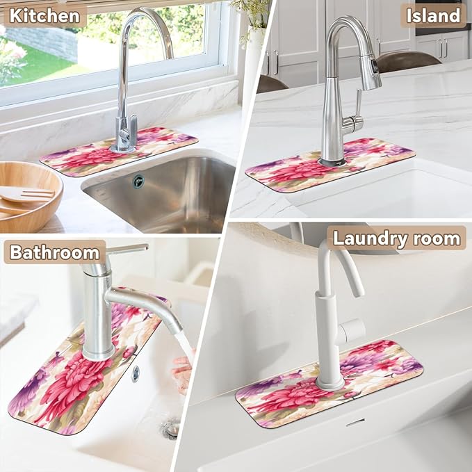 Floral Symphony In Cream Kitchen Faucet Mat Splash Guard, 15.4”x5.7” Absorbent Quick Drying Sink Mat for Countertop Protection, Draining Mat Sink Protectors For Kitchen Bathroom, 1 Pack