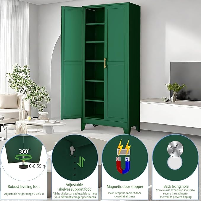 erosoei 75.2”H Metal Kitchen Pantry Storage Cabinet, Storage Cabinets with Adjustable Feet and Shelves,Food Pantries Cupboard for Kitchen, Living Room, Laundry Room and Dinning Room（Green）