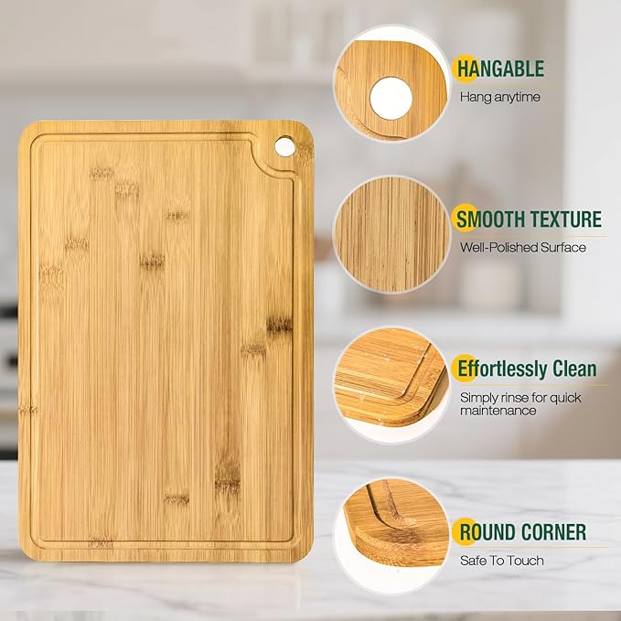 Bamboo Cutting Boards for Kitchen Set of 3, Wooden Cutting Board Non Toxic with Side Handle, HKKZYT Wood Chopping Board with Deep Juice Groove, Knife-Friendly, Kitchen Gift (Light Color)
