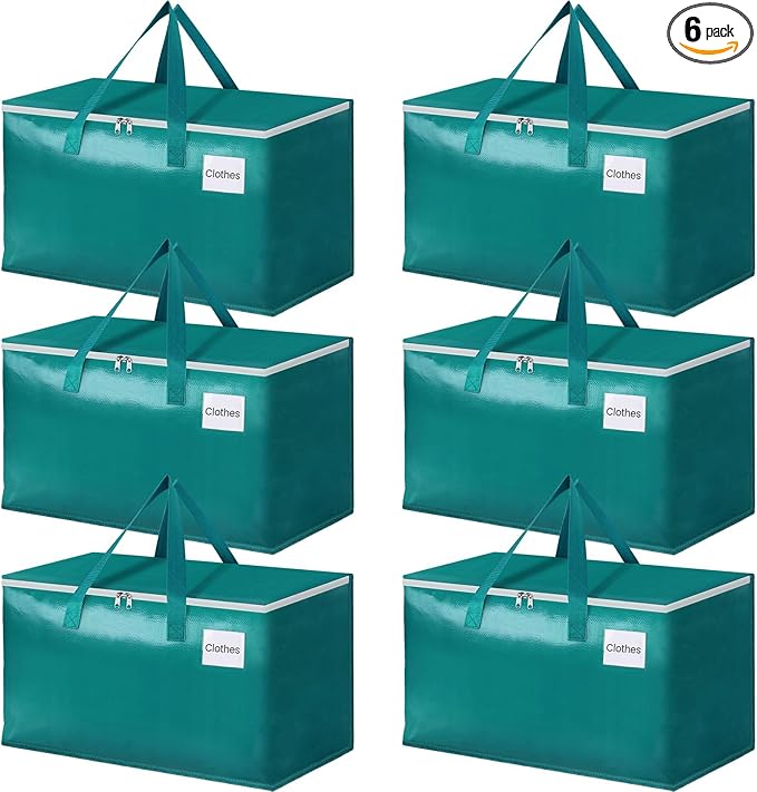 StorageRight Moving Bags-Heavy Duty Moving Boxes, Storage Totes with Zipper, Reinforced Handles and Tag Pocket-Collapsible Moving Supplies for moving, Storage and Travel 93L(Green-6 Pack)