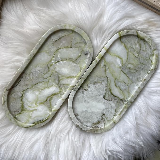 SAIDKOCC Natural Marble Oval Tray Ornaments Vintage Small Tray Storage Dish for Counter, Vanity, Dresser, Nightstand and Desk (Green Emerald)
