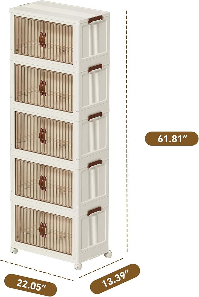 Spylandy Collapsible Storage Bins with Lids - Stackable Plastic Closet Organizers for Clothes, and Home Organization White (5-rack, 17 Gal/rack)