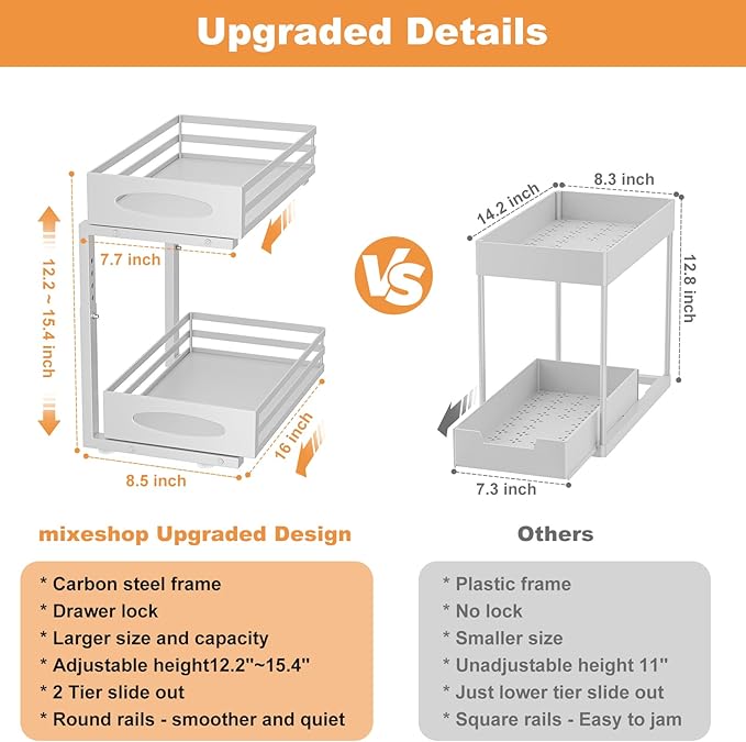 Under Sink Organizer, 2 Tier Under Sink Organizers and Storage, Adjustable Height, Slide out Metal Cabinet Organizers, Pull out Cabinet Storage Drawer Shelf for Kitchen Bathroom