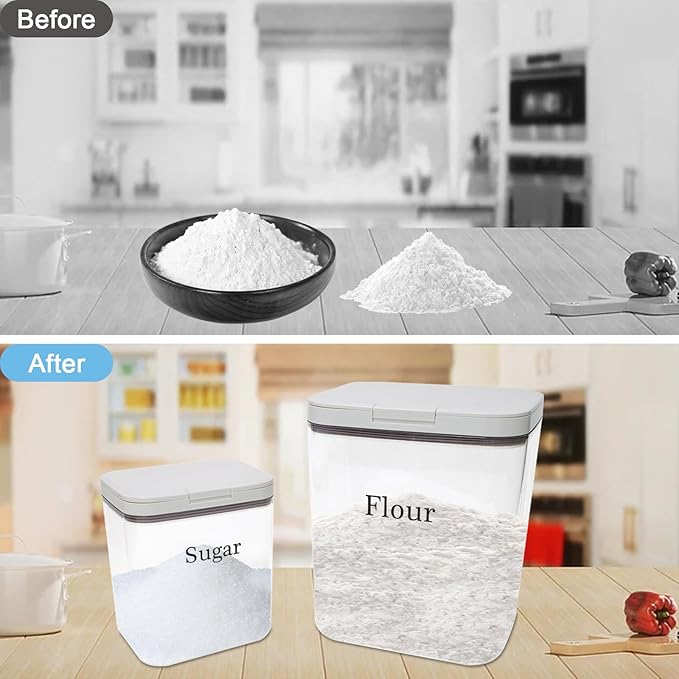 Flour Sugar Storage Containers 2 Pc,Airtight Food Containers Storage with One-Press Lid,BPA Free Pantry Organizers Storing with Scoop and Ceasuring Cups for Kitchen,Cereal,Rice,Pasta,Baking Supplies