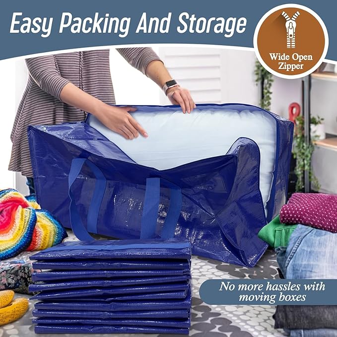 Extra Large Moving Bags with Zippers & Carrying Handles, Heavy-Duty Storage Tote Moving Boxes for Space Saving (6)