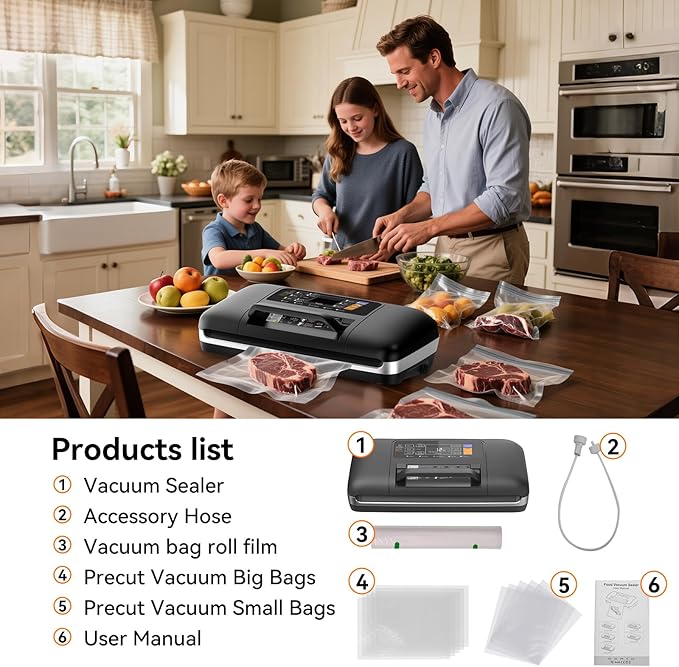 85Kpa Vacuum Sealer Machine - Christmas Kitchen Gifts, 10-in-1 Full Automatic Food Saver with Easy-Lock Handle, Built-in Cutter & Roll Storage for Dry/Moist Foods, Includes Bags & External Hose