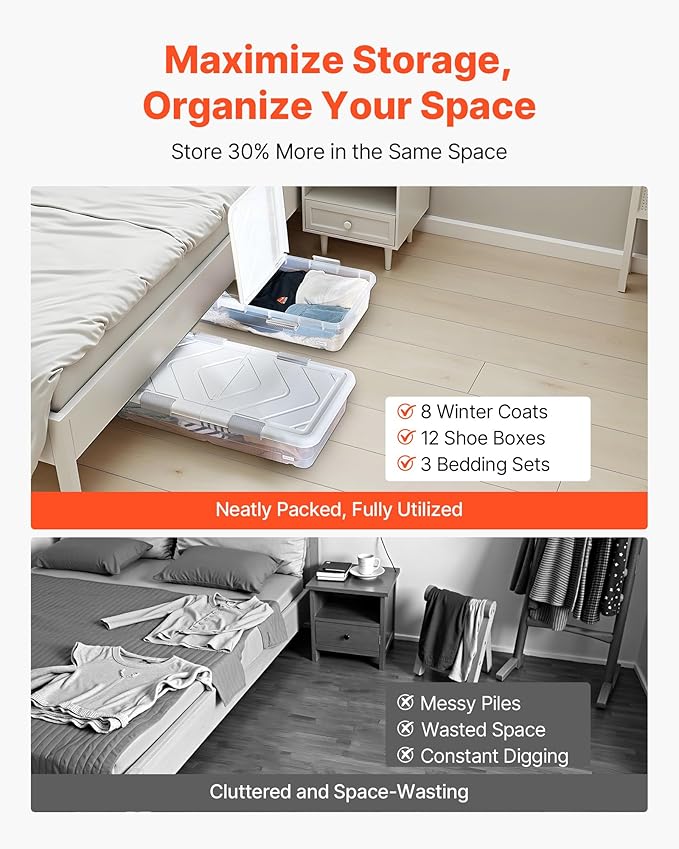 VEVOR Under Bed Storage with Wheels, 39.8 x 20.1 x 5.9 inch Underbed Containers, Underbed Shoes Organizer with Lid & Gray Latch, Rolling Under the Bed Storage Bins for Clothes Shoes Blankets, 2 Pack