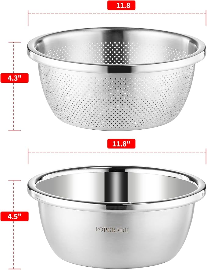POPGRADE 304 Stainless Steel Colander 5QT Microporous Colander & Large Bowl for Kitchen,Rice Strainer with Salad Mixing Bowl for Pasta Straining,Fruit Washing,Vegetable Draining,Food Mixing(2PCs)