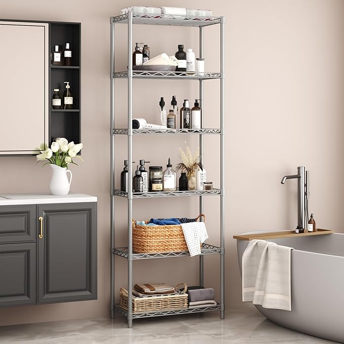 HOMEFORT 6-Tier Wire Shelving, 6 Shelves Unit Metal Storage Rack, Closet Shelves for Kitchen, Pantry, Closet, Bathroom, 14" D x 21" W x 75.6" H (Grey)