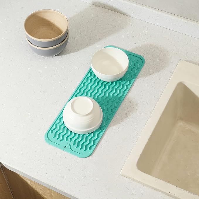 Silicone Dish Drying Mat for Multiple Usage,Easy clean,Eco-friendly,Heat-resistant Silicone Mat for Kitchen Counter,Sink,Bar,Bottle,or Cup Mint M 17 inches x 6 inches
