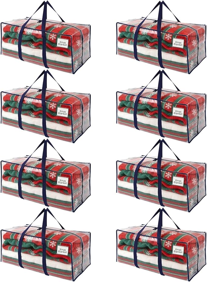 VENO 8 Pack Moving Bags, Christmas Storage Containers, Storage Bins with Lids, Reinforced Wraparound Handles, Packing Bags for Clothes, Bedding, Comforters (Clear, 8 Pack)