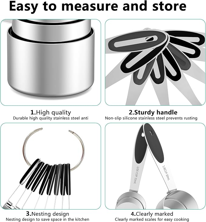 Minteem Measuring Cups and Spoons Set, 21 Pieces Stainless Steel Measuring Cups Measuring Spoons Set with Black Silicone Handle, Nesting Measuring Cup Spoon for Dry or Liquid Ingredients