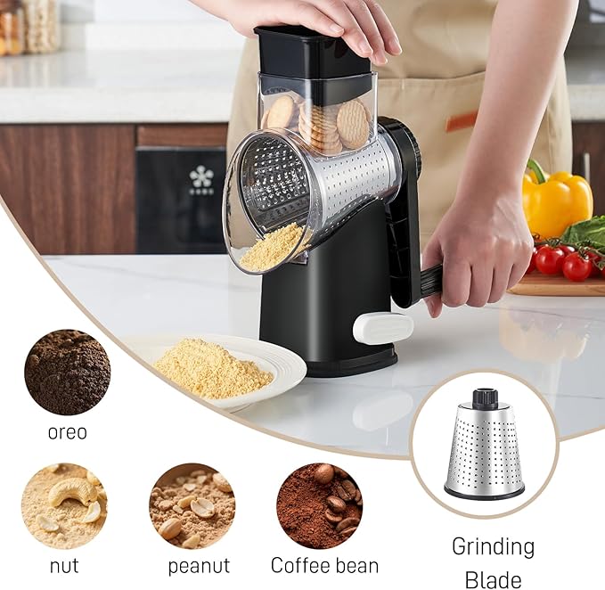 Weltonhm Rotary Cheese Graters with 4 Blades, Hand Crank Cheese Grater with Waffle Slicer, Red, Black and White Cheese Shredder with Suction Base, Easier for Shredding & Grating (Black, 4 Graters)