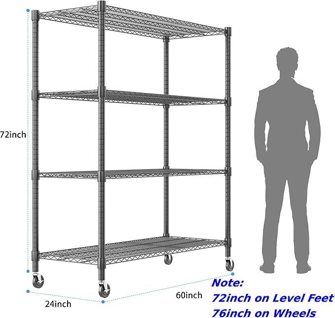 Homdox Heavy Duty Metal Shelves for Storage, 4 Tier Storage Racks and Shelving, Commercial Adjustable Wire Shelving Unit on Wheels, Garage Rack Pantry Shelves Kitchen Shelving, 24"x60"x72", Black
