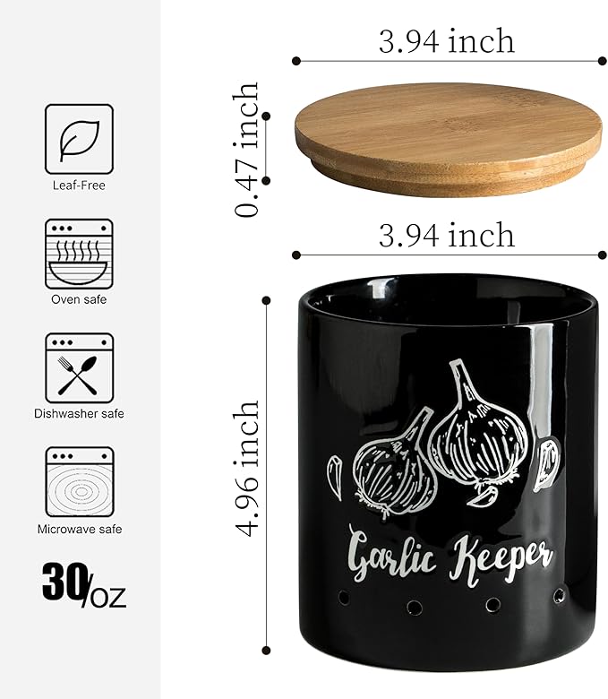 LYEOBOH Garlic Keeper, Garlic Storage, Garlic Holder, Ceramic Garlic Container with Wood Lid, Farmhouse Garlic Keeper for Counter, Garlic Saver for Kitchen, Black