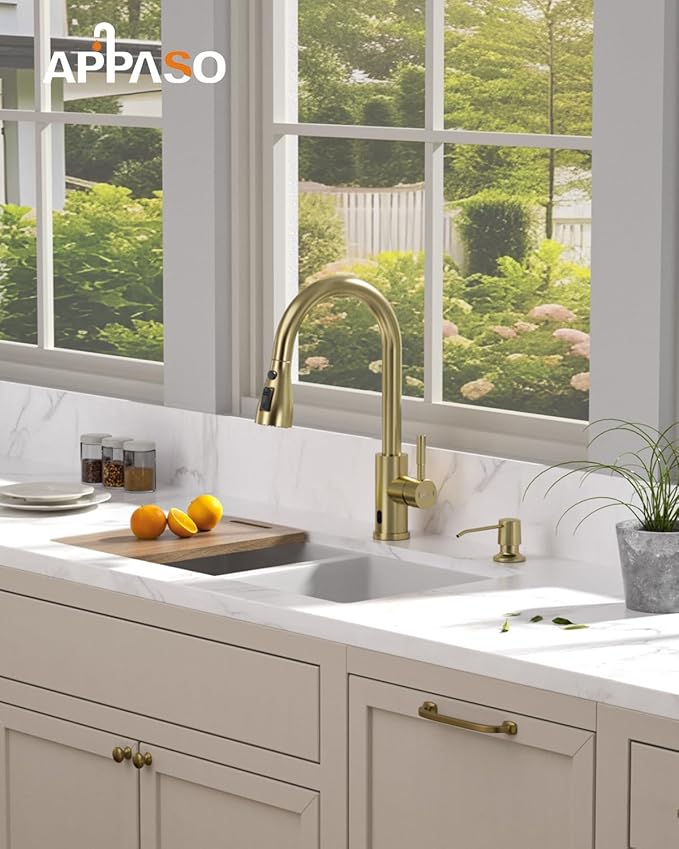 APPASO Touchless Kitchen Faucet Gold, Touchless Kitchen Faucet with Soap Dispenser, Pull-Down Sprayer, Single Handle Stainless Steel, Hands Free for 1-4 Hole Sink, Brushed Gold, Easy Installation