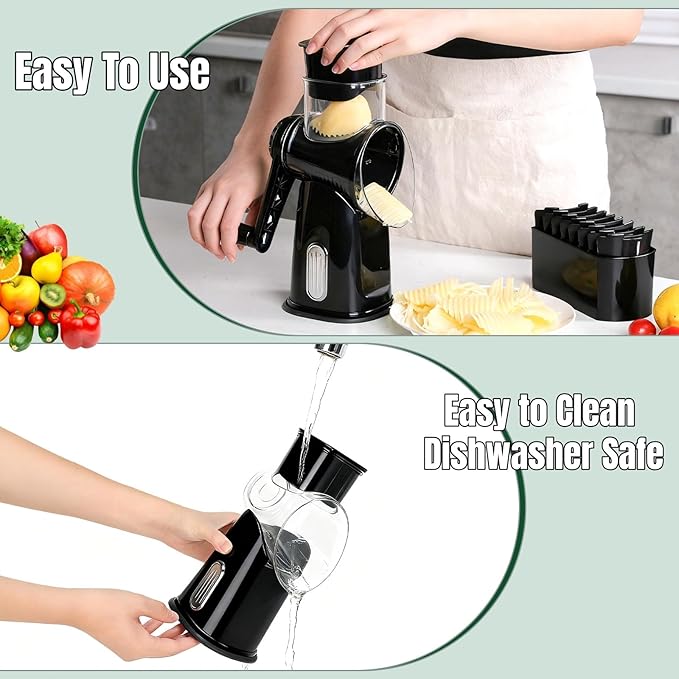 CHDEXU Rotary Cheese Grater with Handle, Manual Vegetable Slicer Grater with 5 Detachable Stainless Steel Blades, Round Grater Slicer Hand Crank Food Chopper for Kitchen with Blade Storage Box