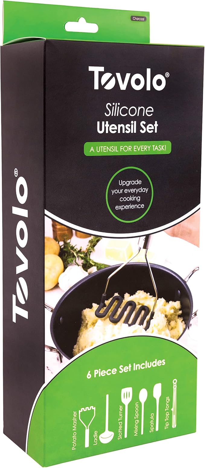 Tovolo Silicone Cooking Utensil Set of 6 Charcoal Gray Ladle Slotted Turner Tongs Flex Core Spatula Scraper Mixing Spoon and Potato Masher, Dishwasher Safe Non Toxic BPA Free Silicone Kitchen Utensils
