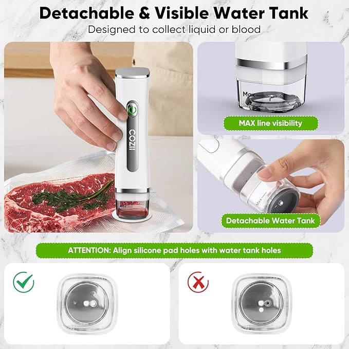 COZII Food Saver Vacuum Sealer Machine with 30 Bags, Preserve Compact Vacuum Sealer with Visible Water Tank, Handheld Portable, 60KPa Powerful suction, Wireless Rechargeable for 8X Fresh