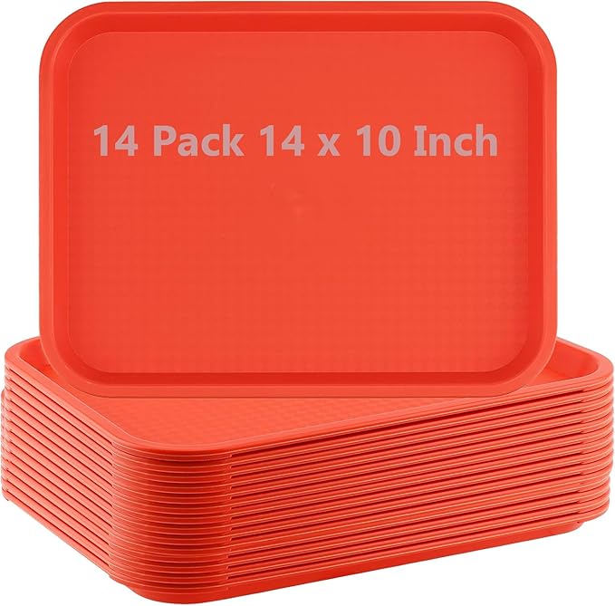 ZOENHOU 14 Pack Fast Food Tray, 14 x 10 Inch Rectangular Plastic Cafeteria Serving Trays for Lunch, Restaurant, Orange