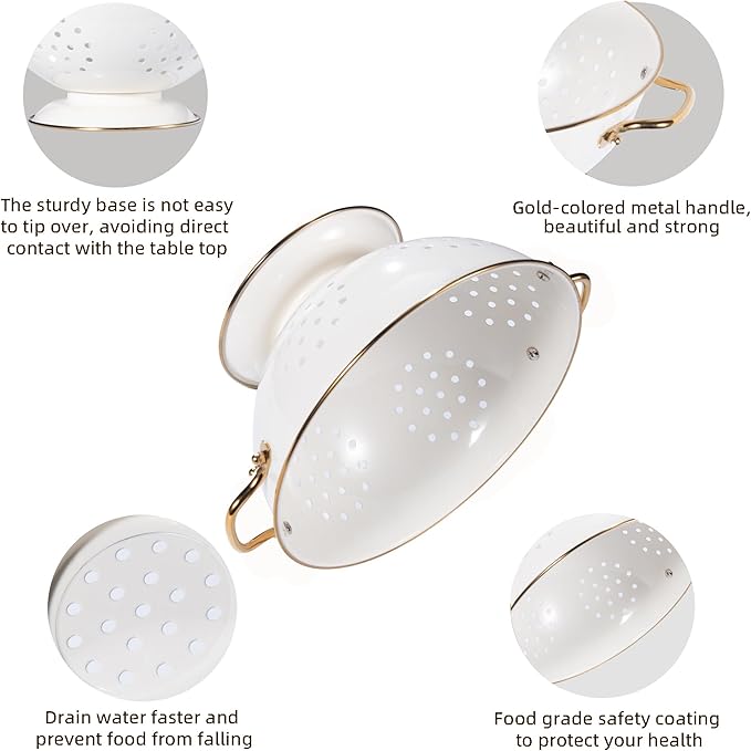 Metal Colander Set of 3, Strainer Basket with Handles perfect for Spaghetti, Pasta, Berry, Vegetable, Fruit, Solid Base Powder Coated Kitchen Essential Strainer Set, 1 & 3.5 & 5 Qt (Cream)