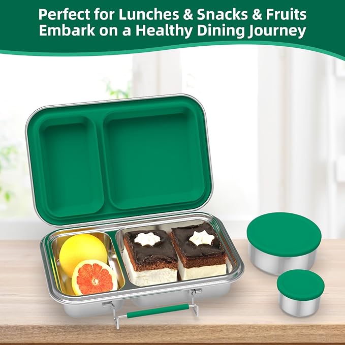 Stainless Steel Bento Box for Adults, 22.6 oz Leakproof 2-Compartments Stainless Steel Bento Containers, Metal Lunch Box with 2 Container, Dishwasher Safe, Design for Office,Outdoor, BPA-Free Green