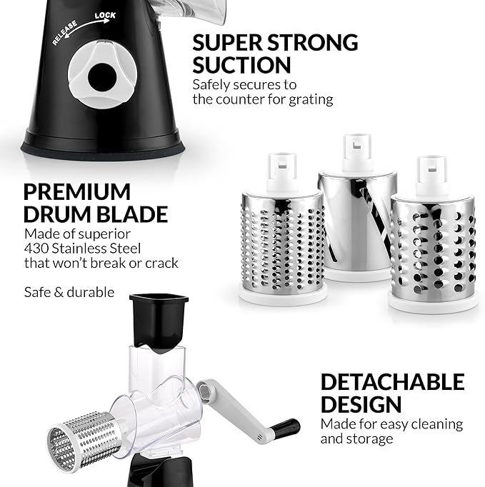 Zulay Rotary Cheese Grater 3 Blade Cheese Shredder - Manual Hand Crank Cheese Grater With Reinforced Suction & 3 Interchangeable Drums - Easy to Use Vegetable Chopper - Black