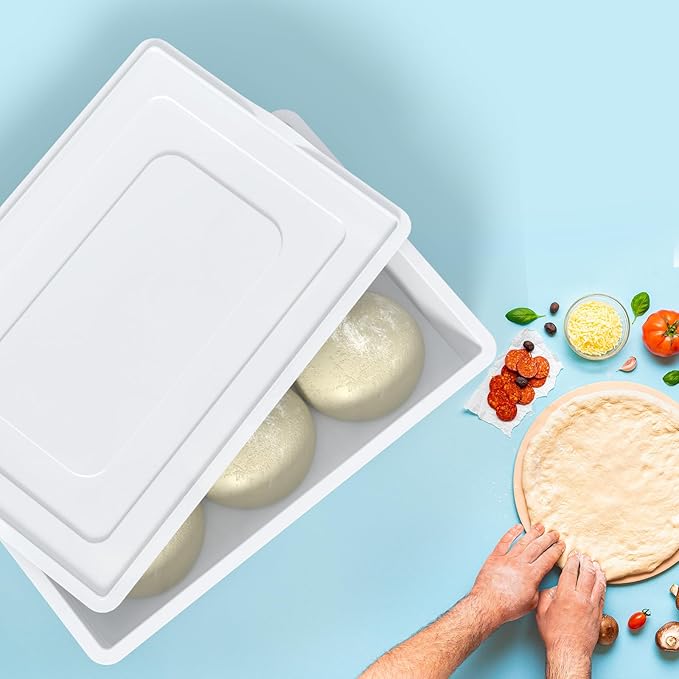 Qskely 4 Pack Commercial Pizza Dough Proofing Box with Lid, Plastic Stackable Pizza Proofing Dough Trays, 23.62" x 16.42" x 3.74", White