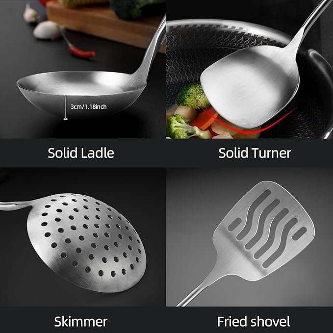 MAXCOOK 5 Pieces Cooking Utensils set, 18/8 Stainless Steel Kitchen Utensil Set with Rotating Holder (Dishwasher Safe)