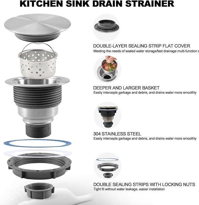 3 1/2" Kitchen Sink Drain Kit Replacement Sink Drain Assembly Removable 304 Stainless Steel Deepen Sink Strainer Basket with Sealing Cover for Kitchen Laundry Room RV(Brushed)