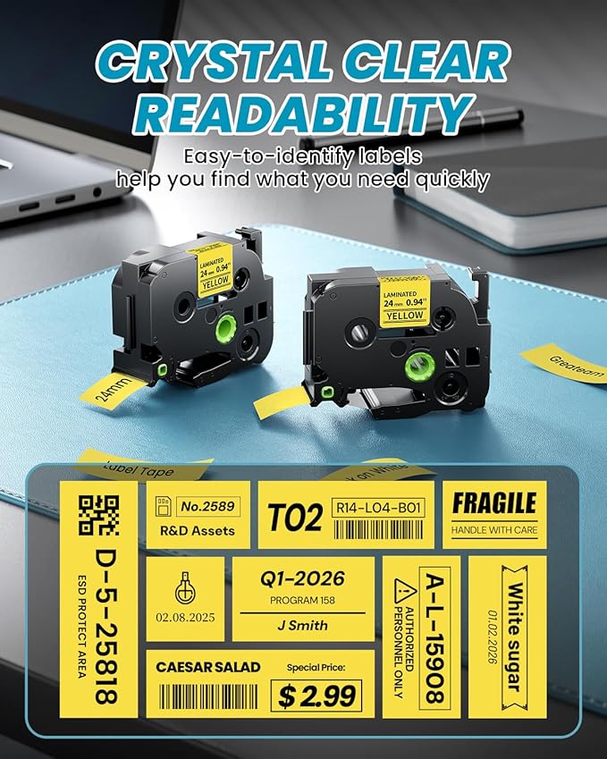 24mm Yellow Label Tape Replacement for Brother TZe-651 TZe651 P Touch Label Tape 1 Inch TZe TZ Tape 24mm 0.94 Laminated Yellow, Compatible with PT-D600 PT-D610BT PT-P700 PT-P710BT PT-T910BT, 4-Pack