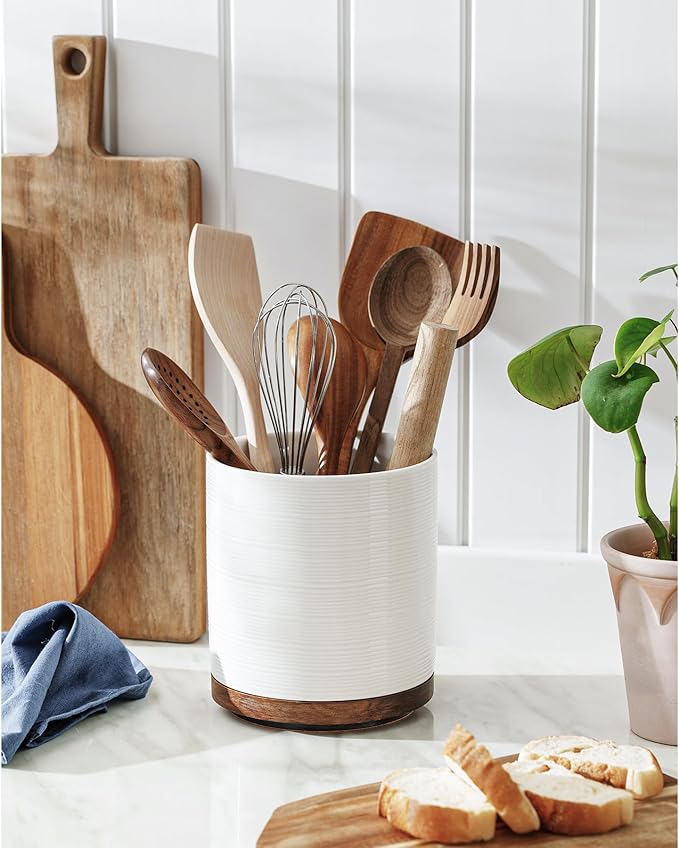 MIKIGEY Utensil Holder, 360° Rotating Extra Large Ceramic Kitchen Utensil Holder for Countertop, 7.3“ Cooking Utensil Crocks for Kitchen Counter with Rotatable Wooden Base, Farmhouse Decor, White