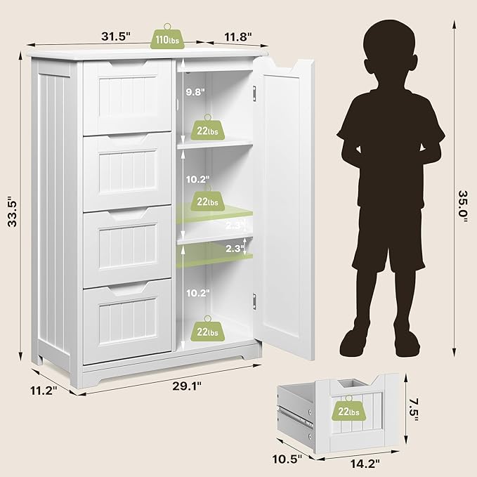Gizoon Small Pantry Storage Cabinet with Door and Shelves, 33'' Kitchen Pantry Freestanding Wooden Bathroom Storage Cabinet with 4 Drawers for Kitchen and Dining Room, White