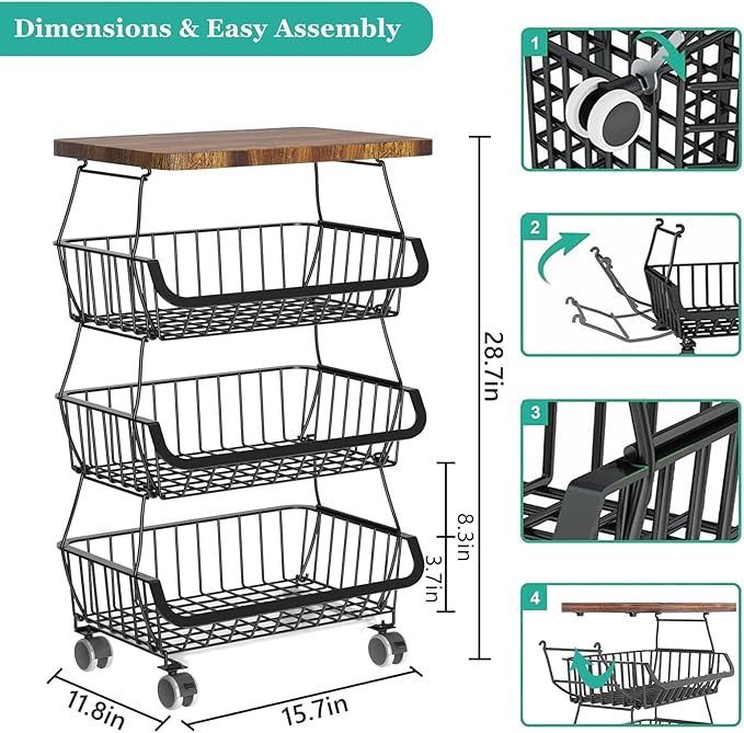 Fruit Basket with Wooden Lid for Kitchen, 4-Tier Stackable Wire Fruit Vegetable Storage Basket Organizer Stand on Wheel, Produce Basket Potato Onion Storage Bins Rack Cart for Pantry