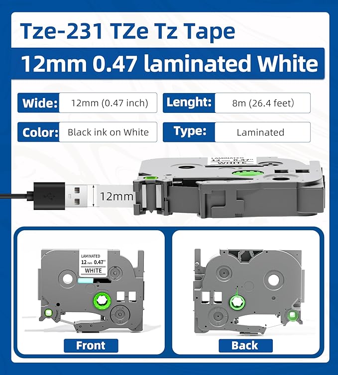 Ptouch Tape 12mm 0.47 Laminated White Replacement for Brother P-Touch TZe-231 Label Maker Tape Compatible with Brother P Touch PT-D210 PTD220 PTH110 Label Makers, 5-Pack