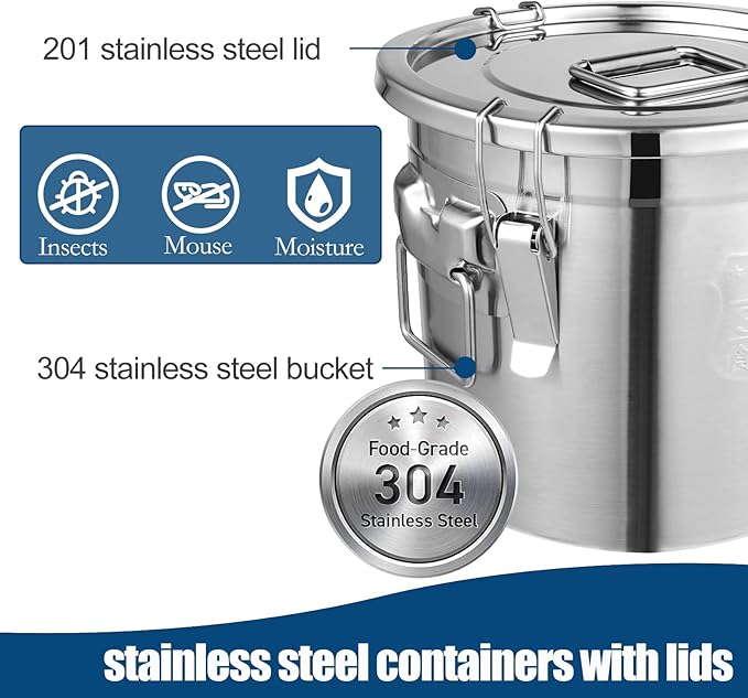 8.72Gal/33L Stainless Steel Airtight Canister, 304 Stainless Steel Airtight Food Storage Container with Lid and Lock Clips, Large Metal Storage Canister for Coffee Beans, Flour, Tea, Sugar, Cereals