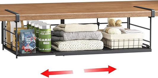 Expandable Under Cabinet Shelf, Extendable Under Shelf Storage with Removable Wire-Like Back for Pantry Cabinet, Laundry Room, Shoe Rack. (Black, 1 Pack, Interior: 5" H x 10" D)