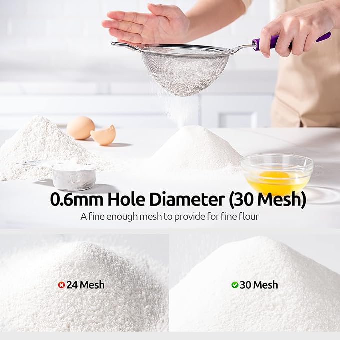 18/8 Stainless Steel Mesh Strainer: U-Taste 5.5 Inch Kitchen Fine Mesh Sieve Food Colander with Riveted Sturdy Silicone Handle and 30 Mesh Hole for Straining Flour, Pasta, Fruit, Quinoa (Purple)