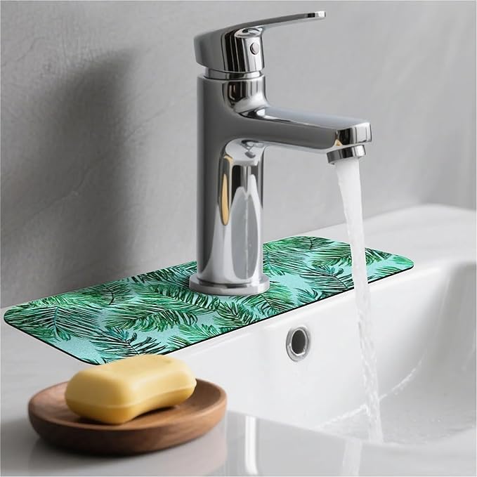 Kitchen Sink Splash Guard，Green palm leaves Faucet Mat Sink Gadgets-Super Absorbent Fast Drying Mat Drip Catcher for Kitchen, Bathroom,Sink Mat, Dish Drying Mat, Bathroom(15" X 5.5" )