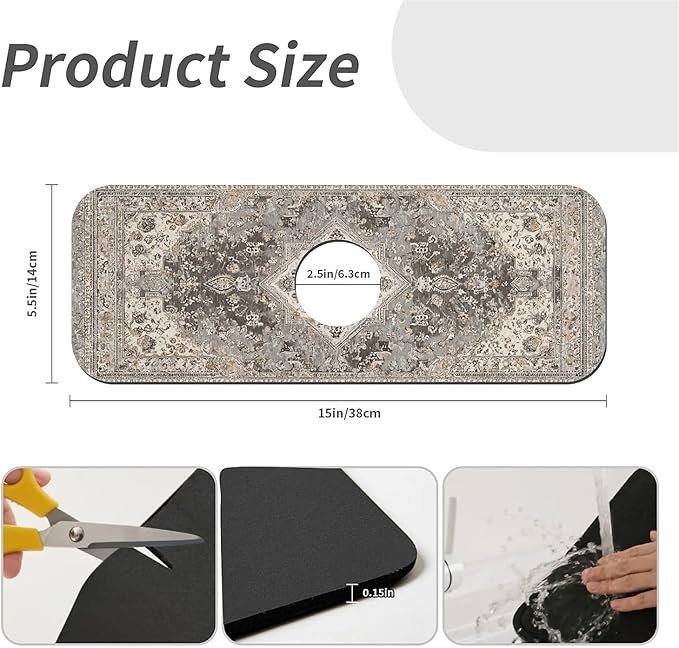 Kitchen Sink Splash Guard，Beige vintage Persian style Faucet Mat Sink Gadgets-Super Absorbent Fast Drying Mat Drip Catcher for Kitchen, Bathroom,Sink Mat, Dish Drying Mat, Bathroom(15" X 5.5" )