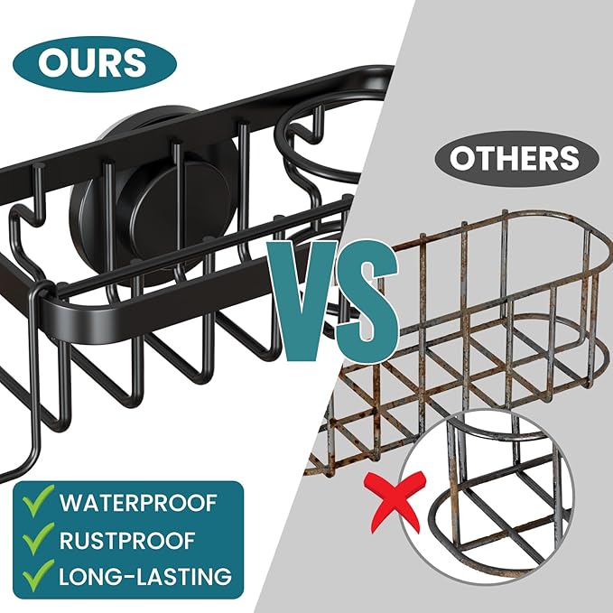 TAILI 4-in-1 Sponge Holder for Kitchen Sink with Strong Suction Cup Removable, Rustproof Aluminum Sink Caddy for Sponge, Brush, Scrubber, Scraper -Black