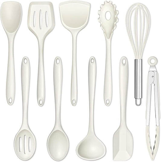 E-far 10 Pieces Silicone Cooking Utensils Set, Heat Resistant Kitchen Utensil Set for Nonstick Cookware, Kitchen Cooking Tools with Spatula, Spoon, Slotted Turner, Non-Toxic & Dishwasher Safe (White)