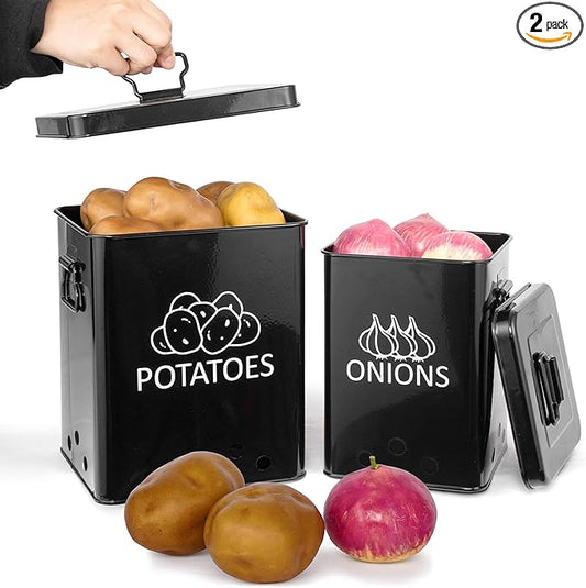 Potato and Onion Storage Bin, Set of 2 Vegetable Storage Tins with Metal Lids & Side Handles, Dual-row Ventilation Holes, Farmhouse Metal Kitchen Canisters Sets, Black